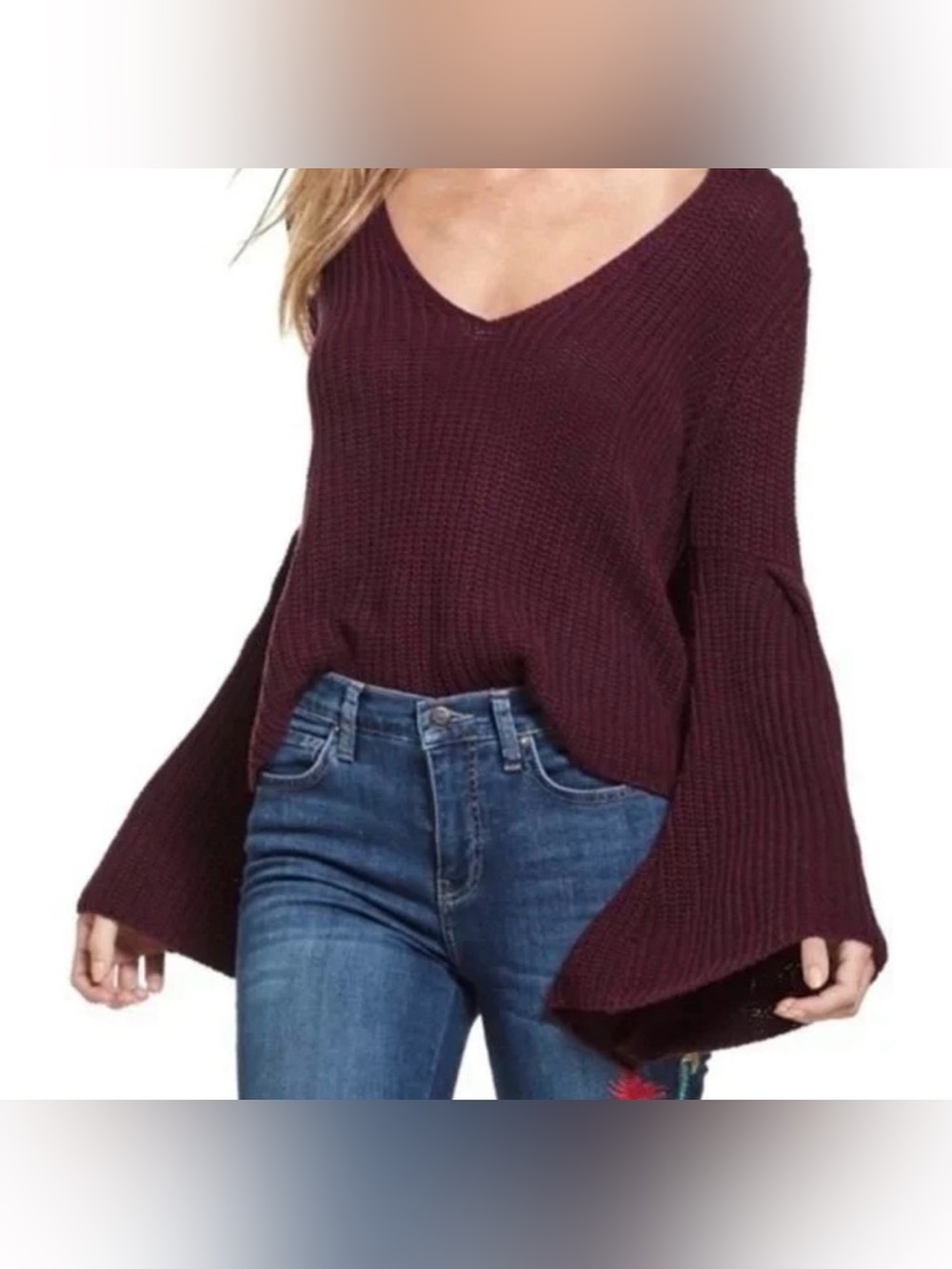 Free People Damsel Maroon Bell Sleeve Sweater M